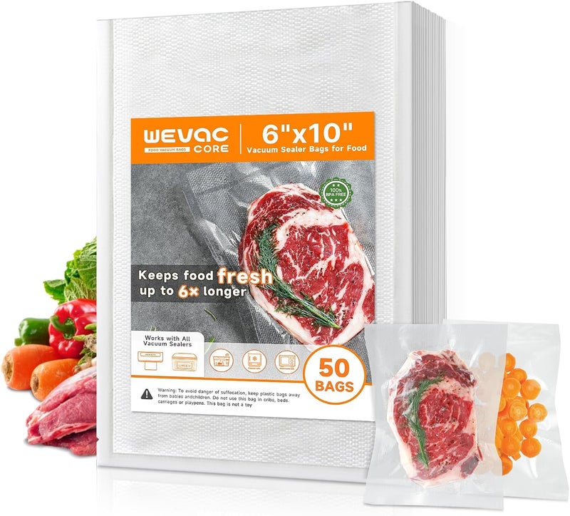 Wevac Vacuum Sealer Bags – 50 Count (6″×10″), Heavy-Duty BPA-Free Food Storage Bags, Puncture-Resistant, Freezer & Sous Vide Safe, Compatible with All Vacuum Sealers - Image 1